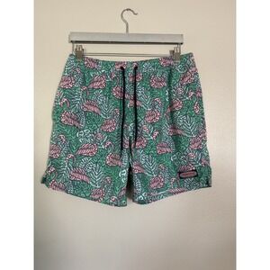 Vineyard Vines Pink Green Flamingo Chappy Swim Trunks Lined Men Sz M Drawstring